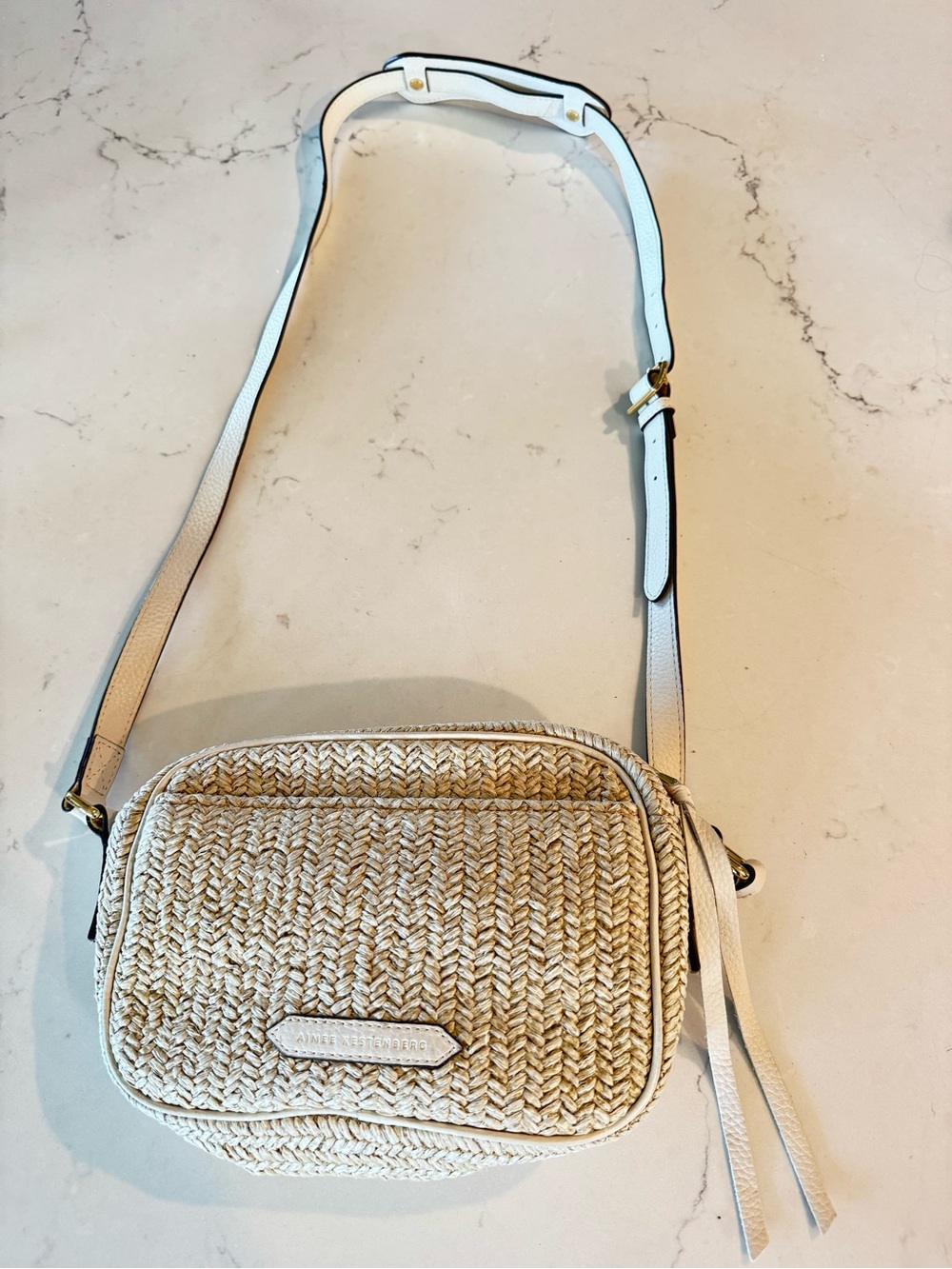 Aimee Kestenberg Woven Straw Crossbody Bag with White Leather Strap